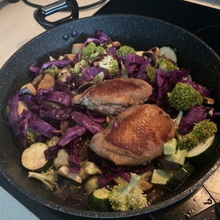 フライパンで鴨肉調理、彩り野菜添え